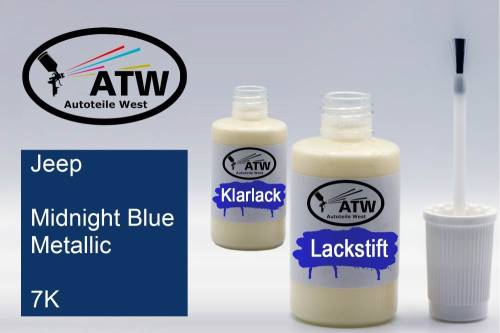 Jeep, Midnight Blue Metallic, 7K: 20ml Lackstift + 20ml Klarlack - Set, von ATW Autoteile West.